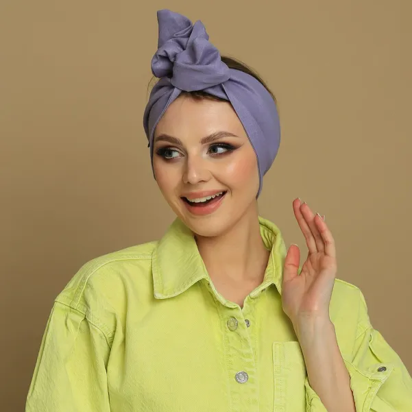 Lniana opaska twistband liliowa.