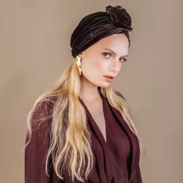 Elegancka czapka turban aksamitna, jedwabna brąz taupe