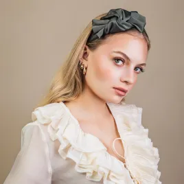 Satynowa opaska damska z kokardą oliwkowa