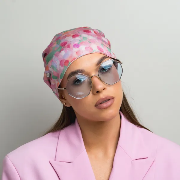 Modowa kwiatowa chusta satynowa z wiązaniem, różowy print.