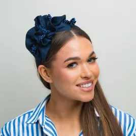 Opaska granatowa, lniana i ręcznie zdobiona.