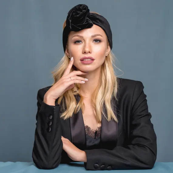 Czarna aksamitna opaska turban wired headband