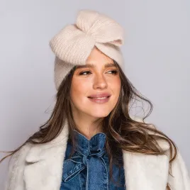 Szeroka zimowa opaska damska z kokardą kremowa