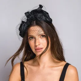 Czarna elegancka opaska z woalką i dużą kokardą