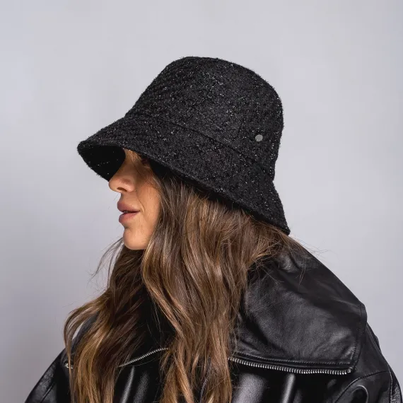 Czarny tweedowy kapelusz bucket