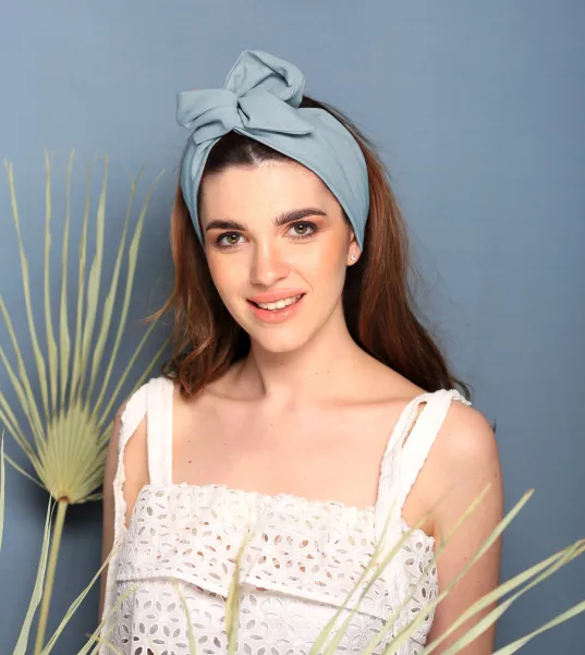 Opaska turban damska z drucikiem niebiesko-szałwiowy len.